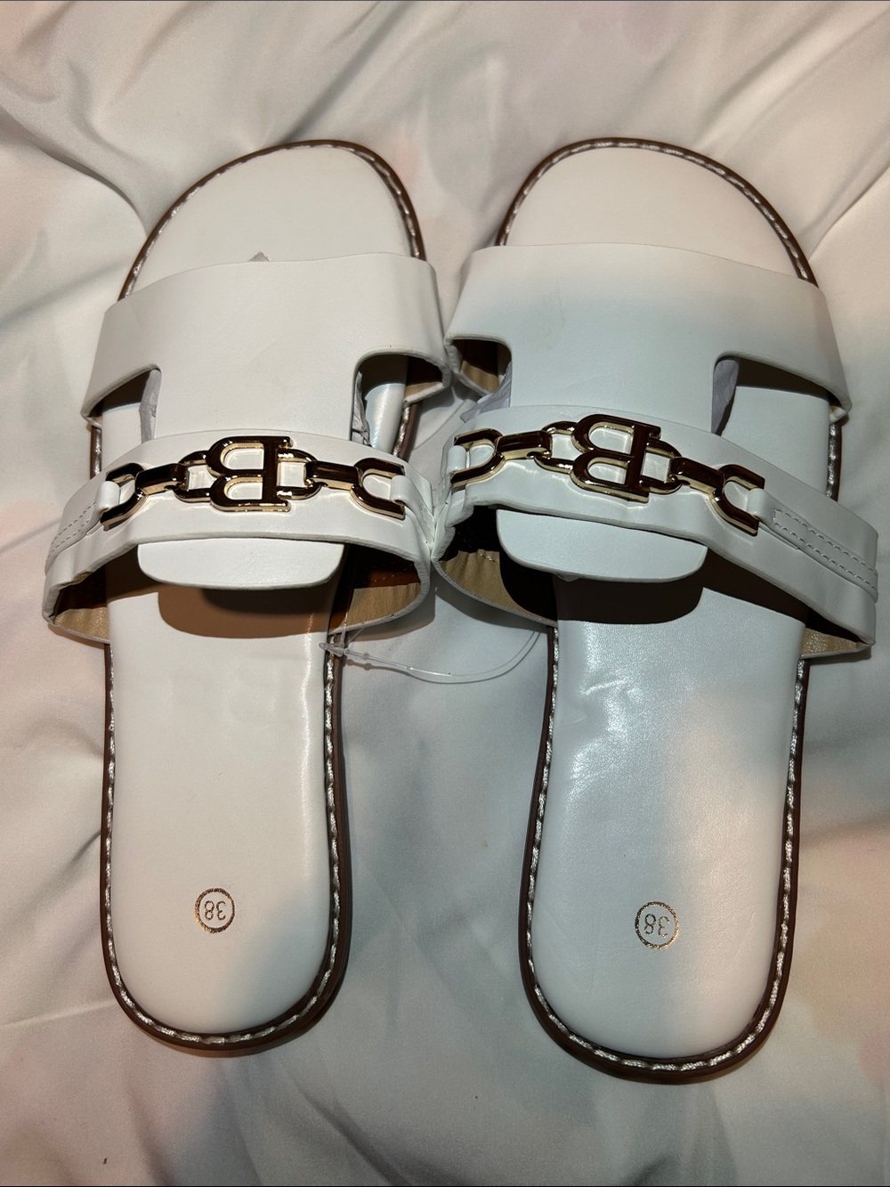 White Women's Slide Mules with Gold Chain Detail